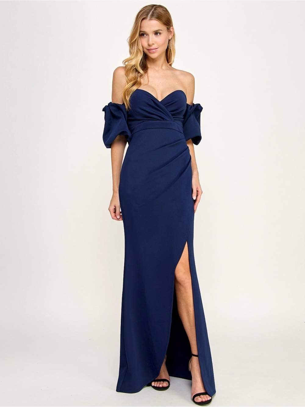 Emerald Sundae Navy Blue Elegant Off-The - Shoulder Evening Gown with Slit